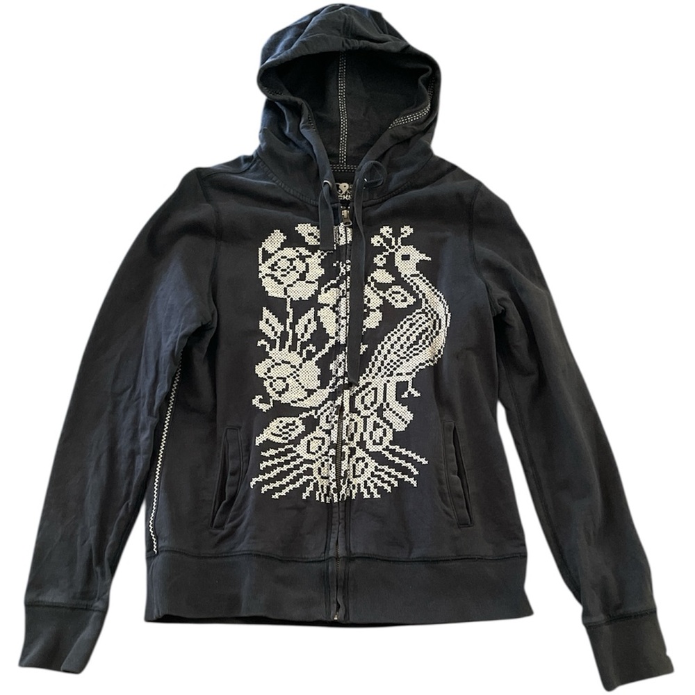 Lucky Brand Y2K cross stitched hoodie with Peacock design